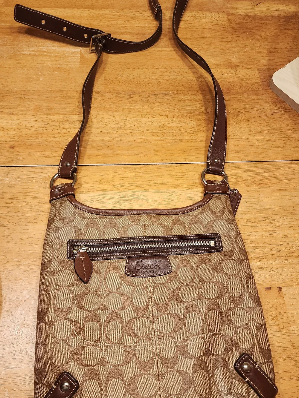 Coach Brown Signature Canvas Shoulder Bag with Dark Brown Trim